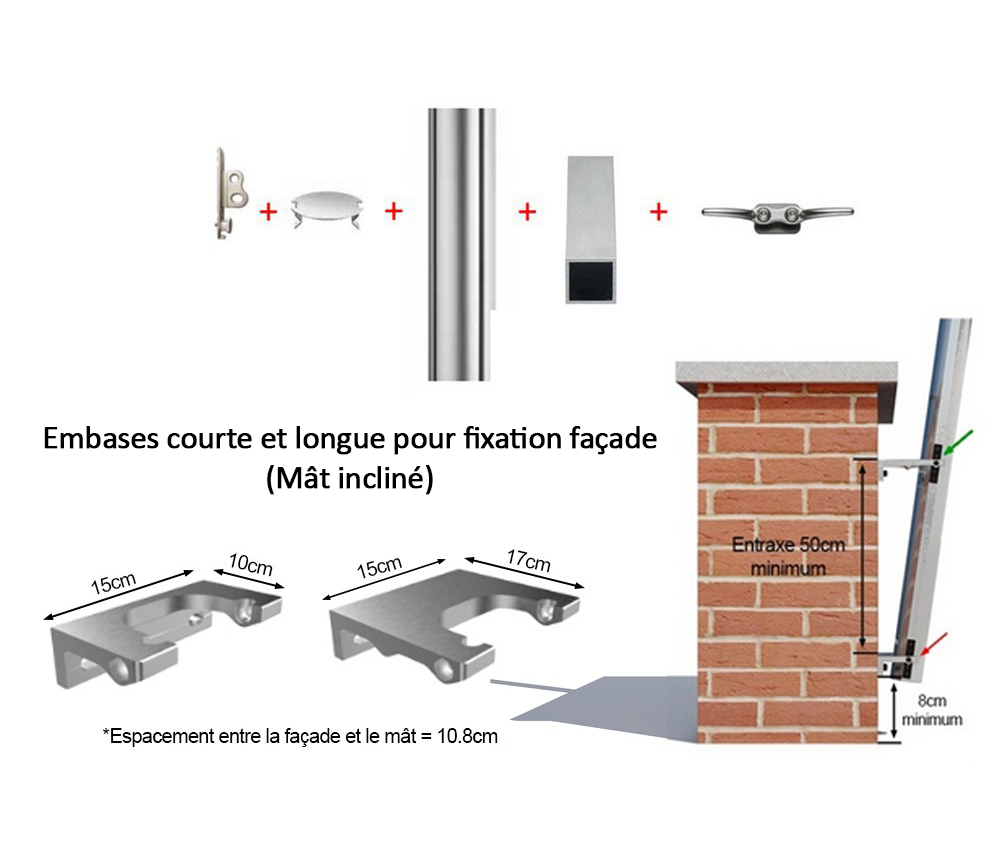 mât aluminium 2m60 avec embase de fixation façade incliné